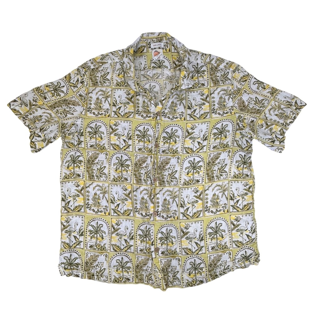 C&C California Mens XL Linen Shirt Tropical Flamingo Palm Tree Button‎ Yellow